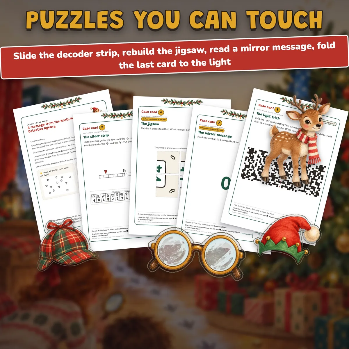 Weihnachtliche Fallkarten zum Ausdrucken mit Schiebestreifen, Puzzle und Spiegelbotschaft, neben einem Rentier und Weihnachtsdeko